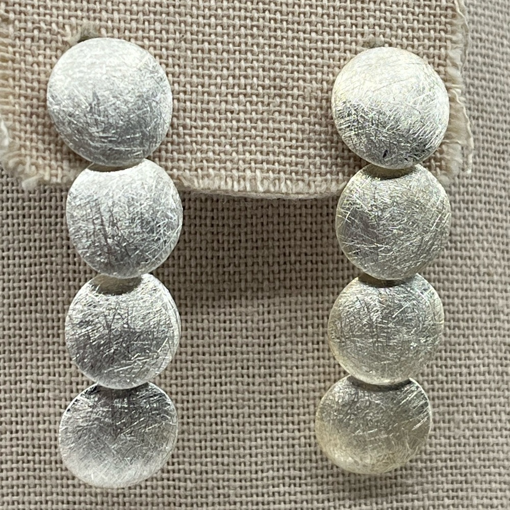 Vintage Brushed Satin Disc Sterling Silver 925 Dangle Stud Earrings - Picture 5 of 16
